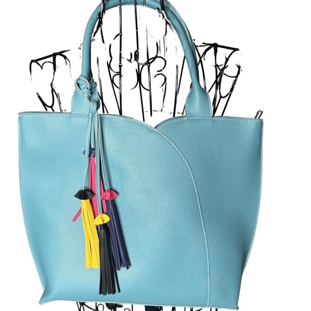 Mellow World Allure Vegan Pebbled Leather Tote Bag Teal Structured Shoulder Bag